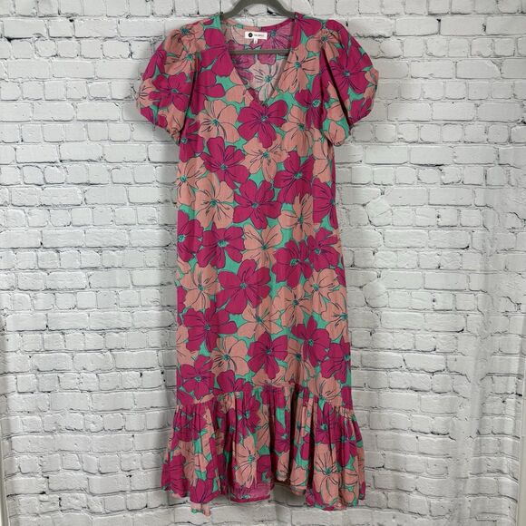 The Odells x Oh Joy Julia Maxi Dress Pink Floral Hibiscus Puff Sleeves Size S - Picture 4 of 12